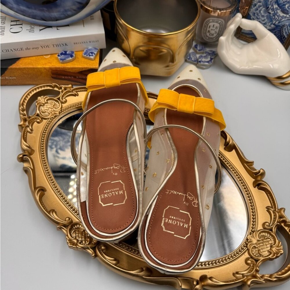 🆕 MALONE SOULIERS 🧿 BNWOB White Mesh Mules with Yellow Velvet Bow Size 39 - 9 - Picture 14 of 15